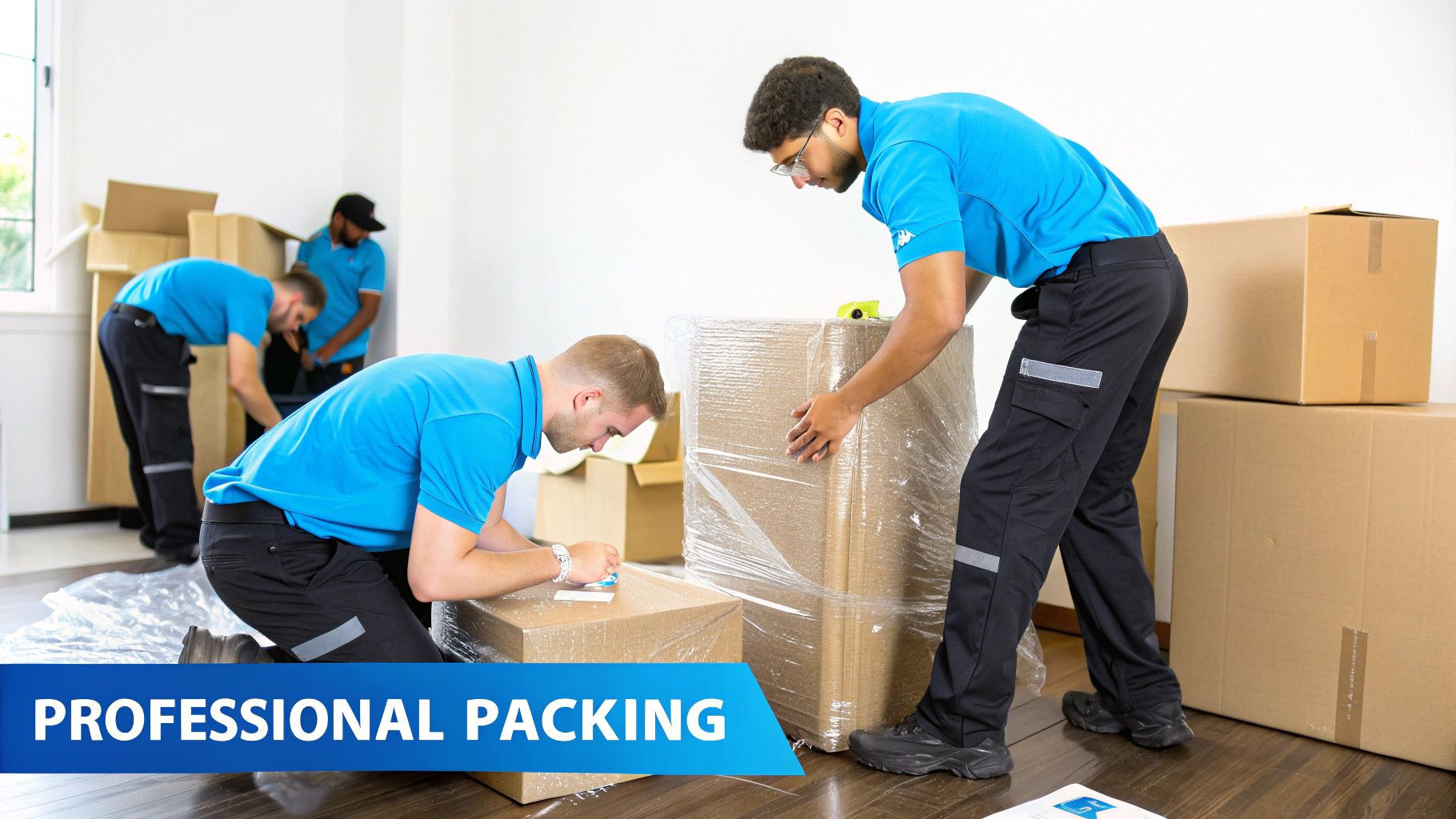 Four professional movers in blue shirts meticulously packing boxes and furniture with plastic wrap for a move.