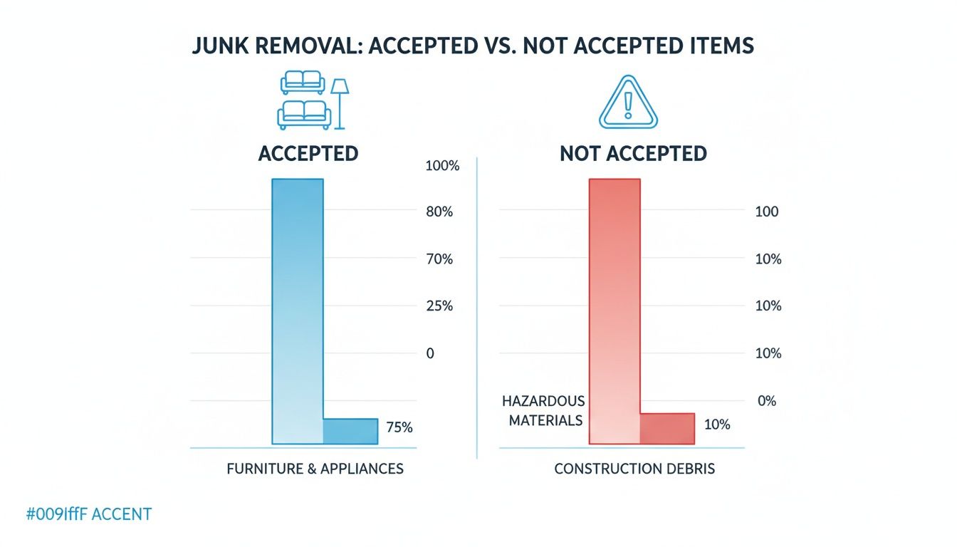 Bar chart comparing accepted (furniture, appliances) versus not accepted (hazardous materials, construction debris) items for junk removal.