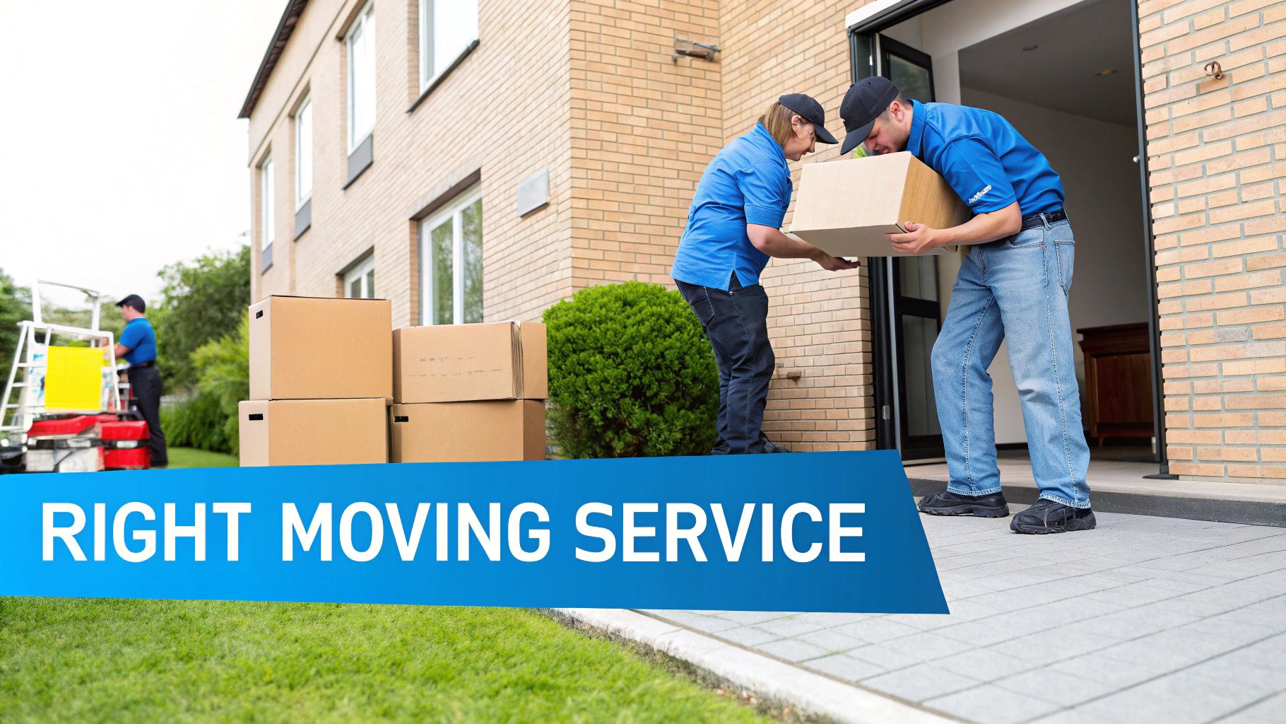 Professional movers in blue shirts carrying a cardboard box into a brick house, symbolizing efficient moving services.