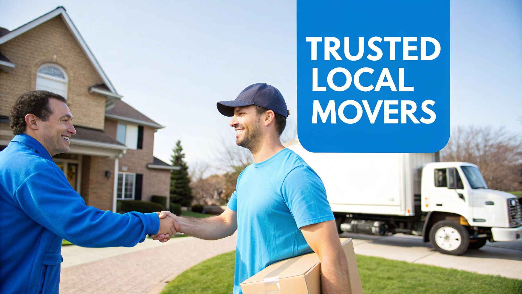 Two smiling men shaking hands in front of a house with a moving truck, representing trusted local movers.