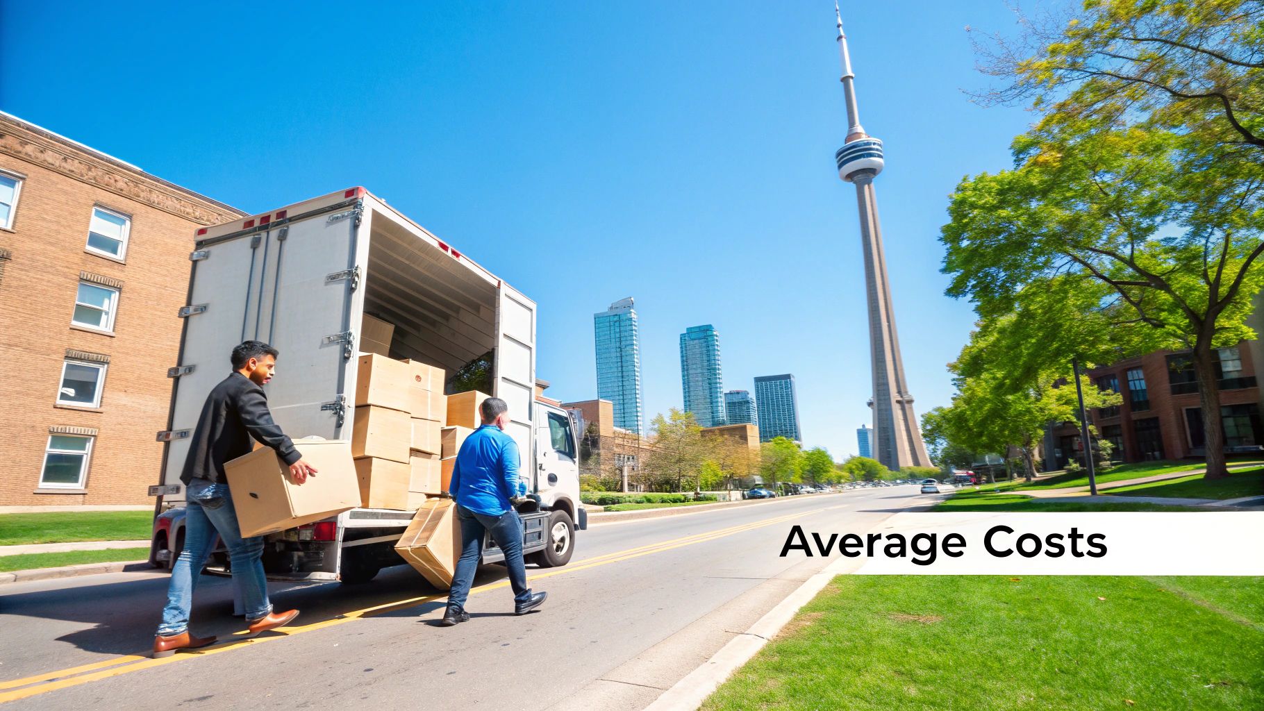 Two men load moving boxes into a truck on a sunny day in Toronto, with the CN Tower in the background.