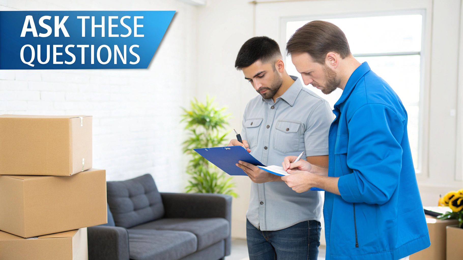 Two men, possibly movers or clients, reviewing documents with moving boxes and a 'Ask These Questions' banner.