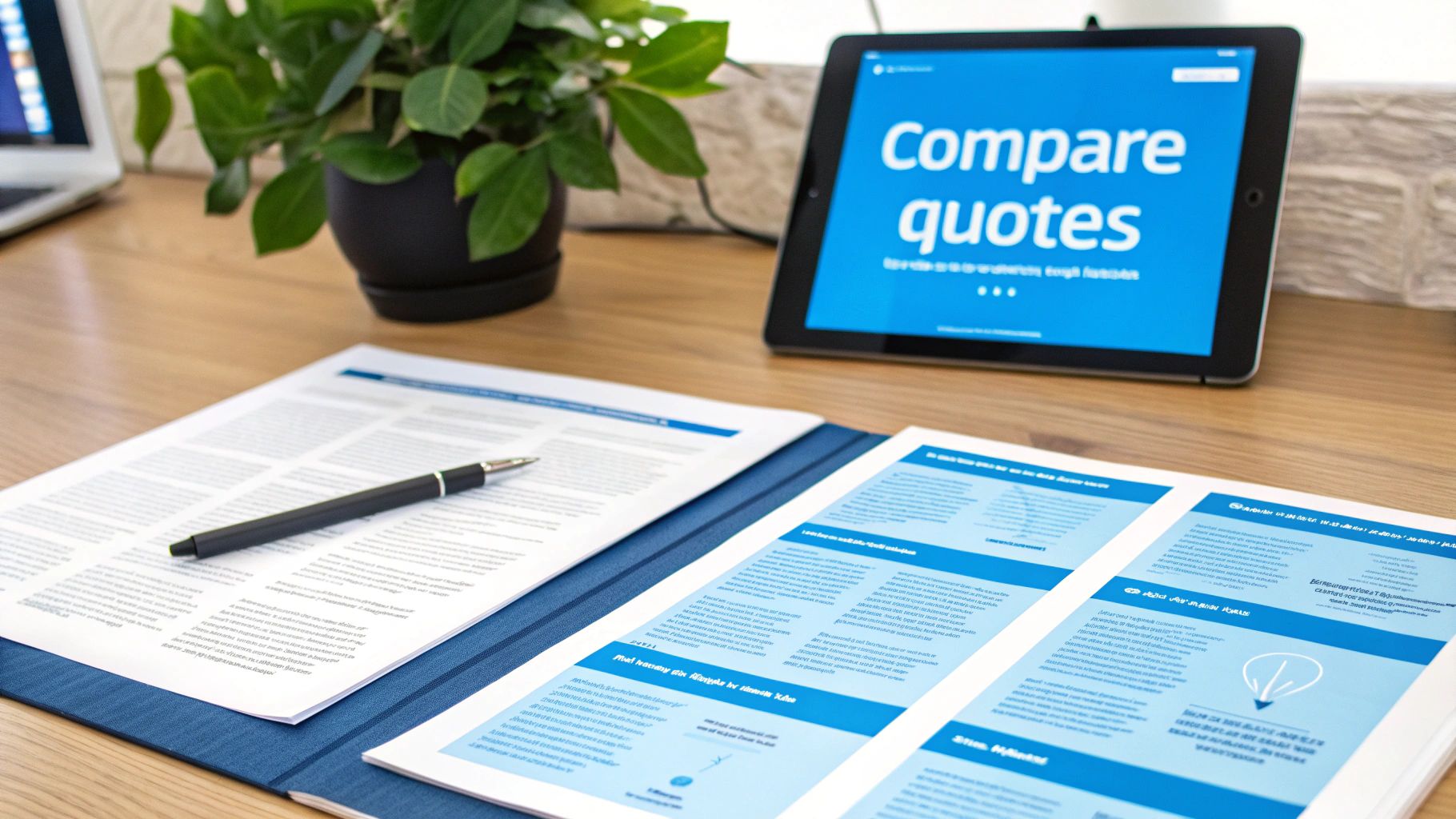 A modern desk with documents, a pen, a plant, a laptop, and a tablet displaying 'Compare quotes'.