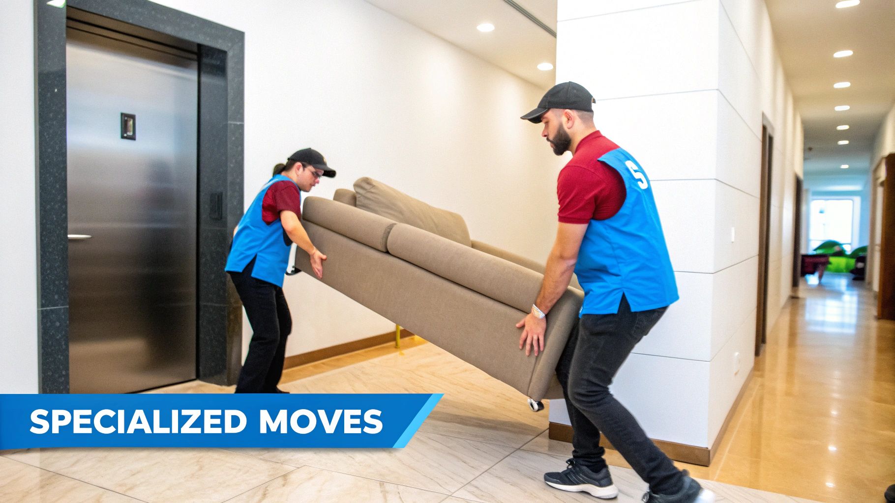 Two professional movers in uniform carefully carry a large sofa through a modern building hallway.