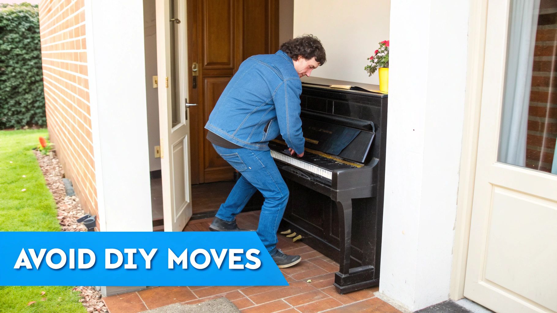 A man in denim struggles to move a heavy black piano through a house doorway, illustrating a challenging DIY move.