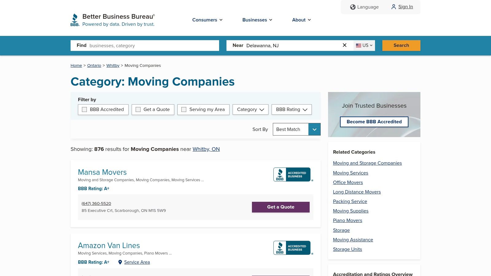 Better Business Bureau (BBB) – Whitby Area Moving Companies