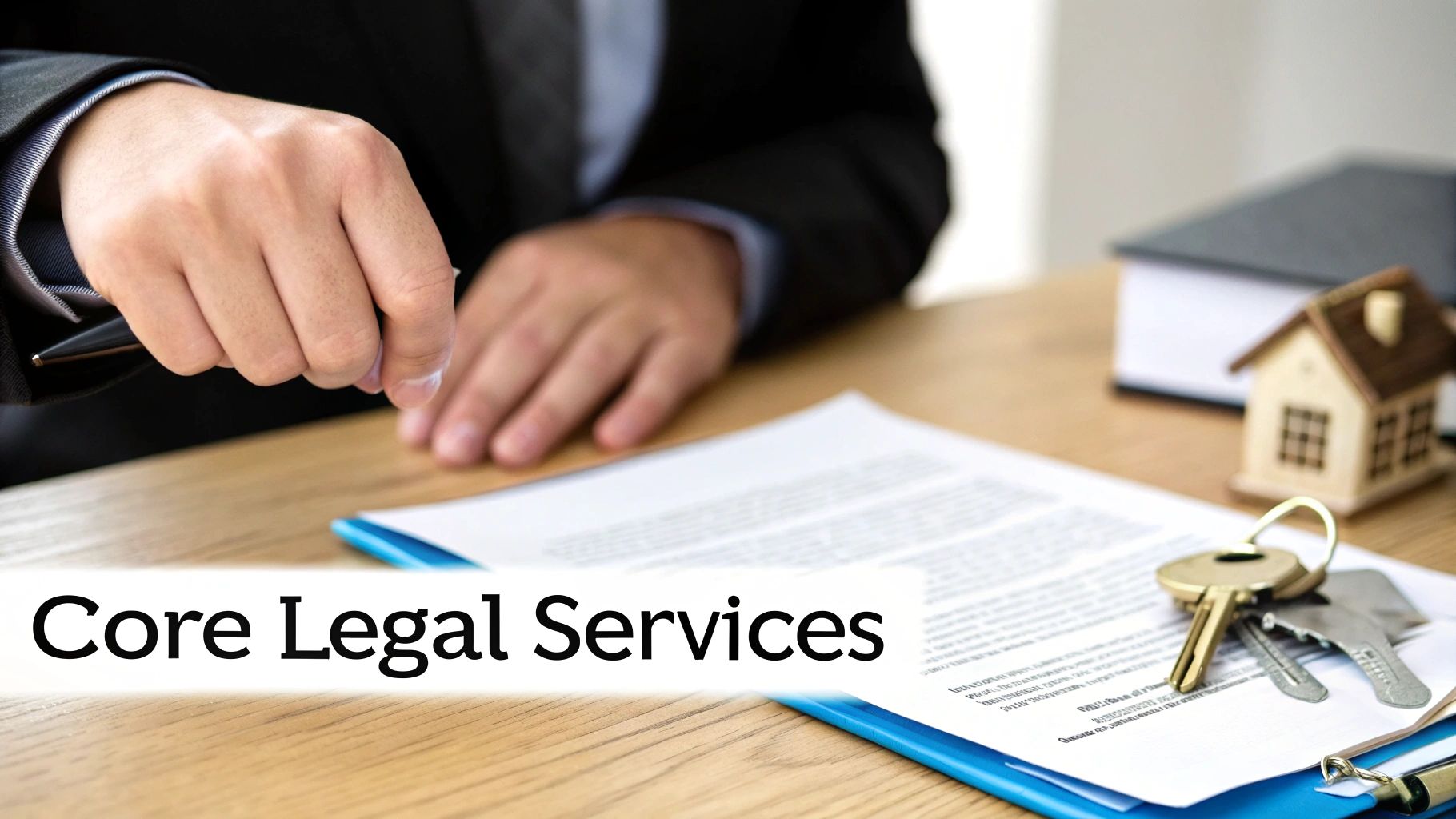 A lawyer signing real estate documents with a house model and keys on the desk.