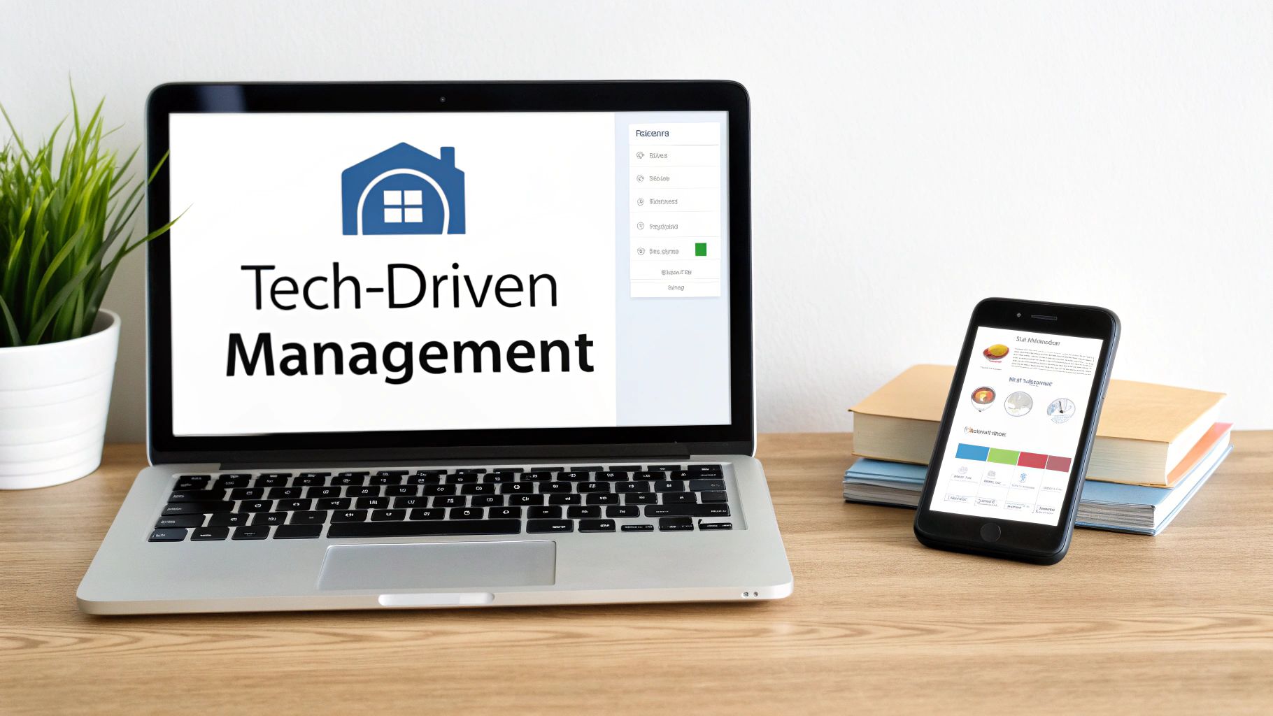 A laptop displays 'Tech-Driven Management' and a smartphone with an app on a wooden desk.