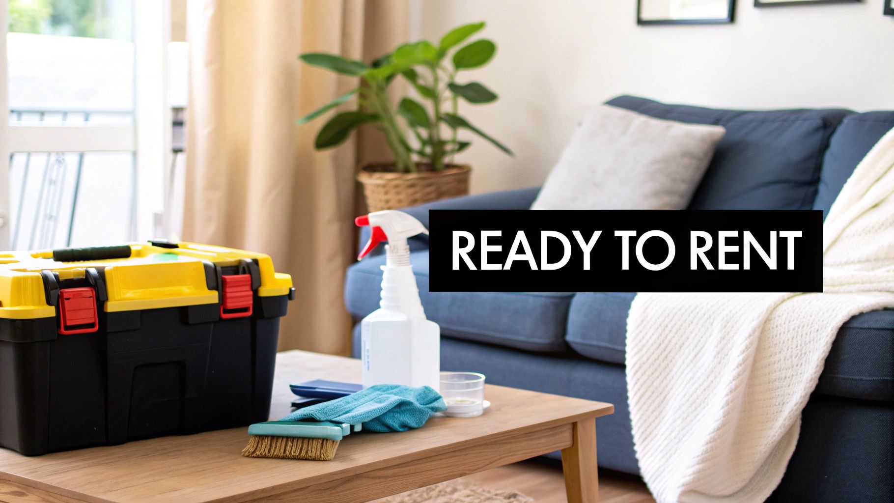 A living room prepared for rental, featuring a toolbox and cleaning supplies on a table next to a blue couch, labeled 'READY TO RENT'.