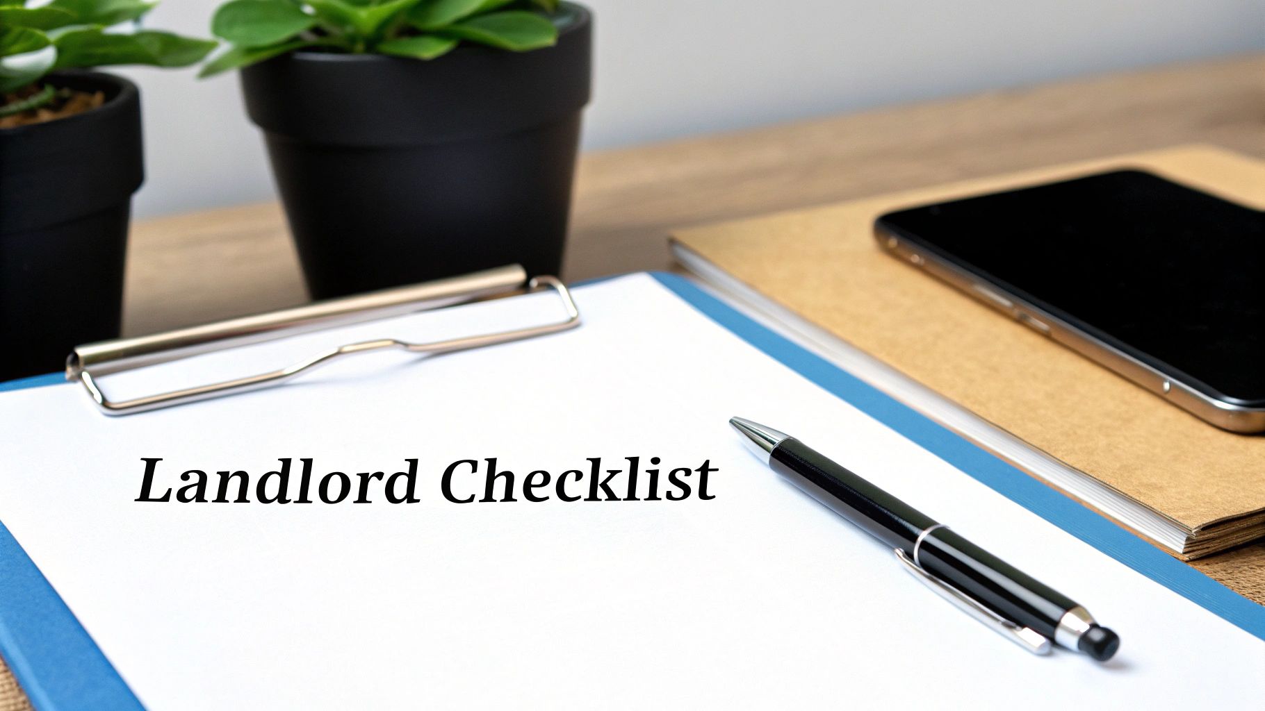 A "Landlord Checklist" document on a clipboard with a pen, plants, smartphone, and notebook on a desk.