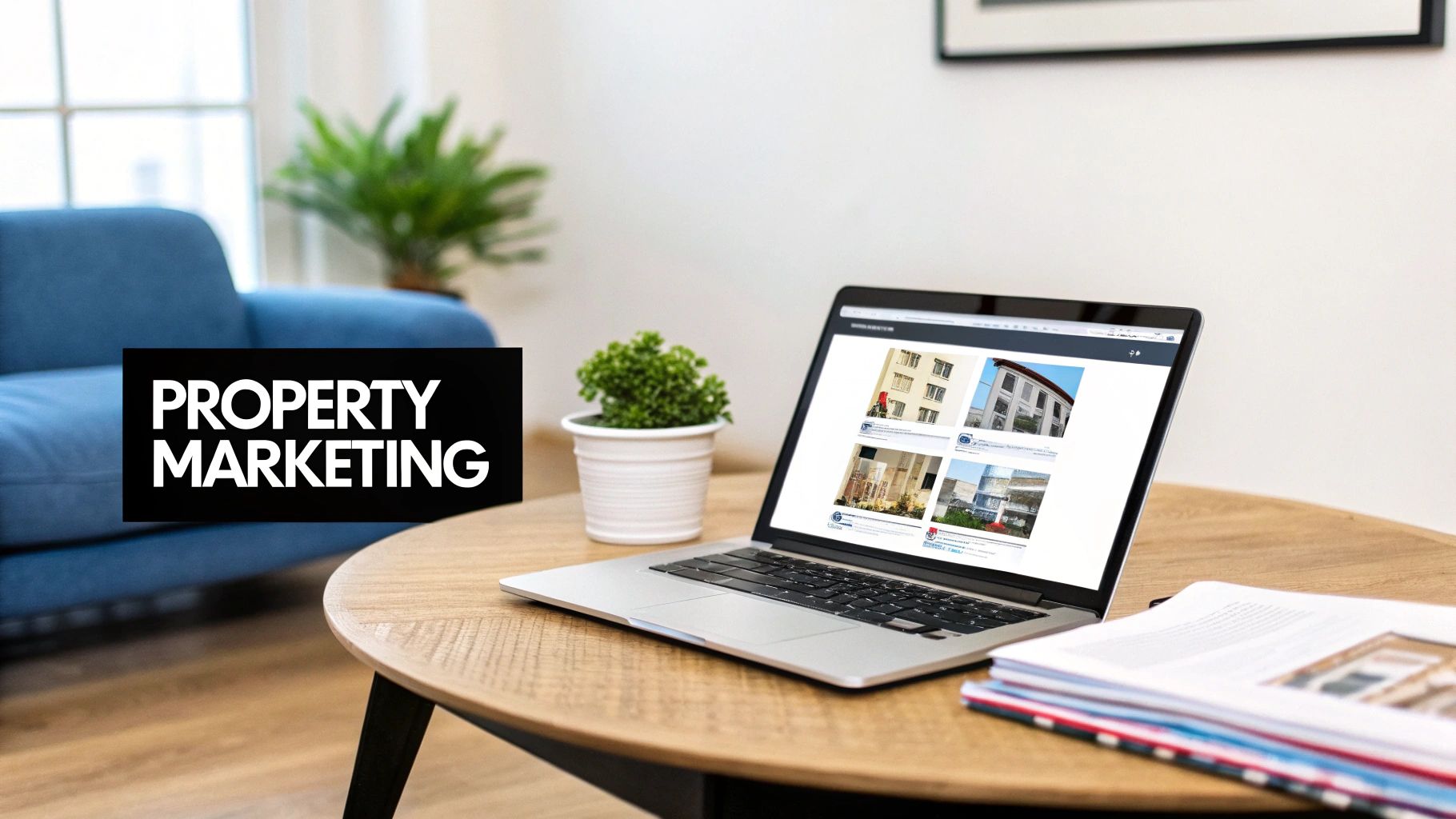 A laptop on a wooden table displaying property listings, with a 'Property Marketing' text overlay.