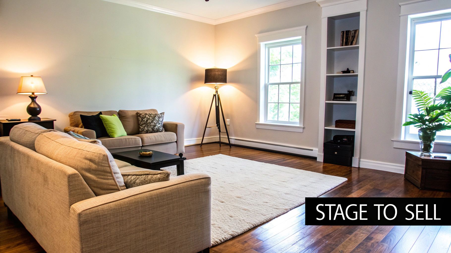 A beautifully staged living room with comfortable sofas, lamps, and a white rug, optimized for selling.