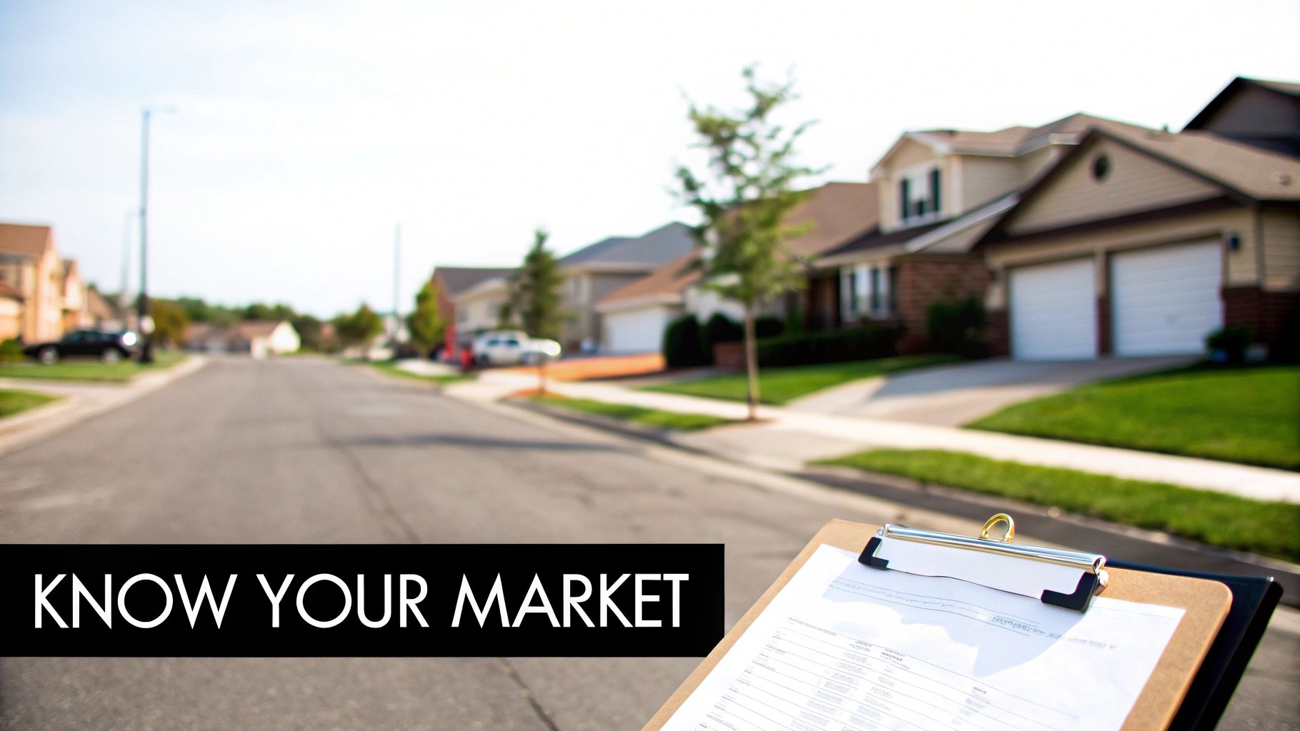 Real estate clipboard with documents on suburban street with residential houses in background