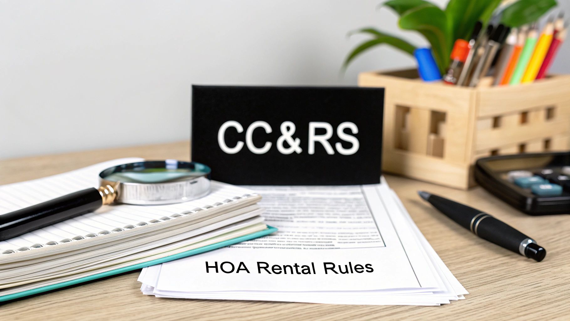 A person reviewing official documents with a magnifying glass, symbolizing the careful inspection of HOA rules.