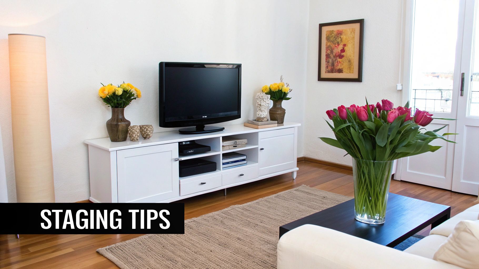 A brightly lit living room staged for sale, featuring a TV console, rug, lamp, and fresh flowers.