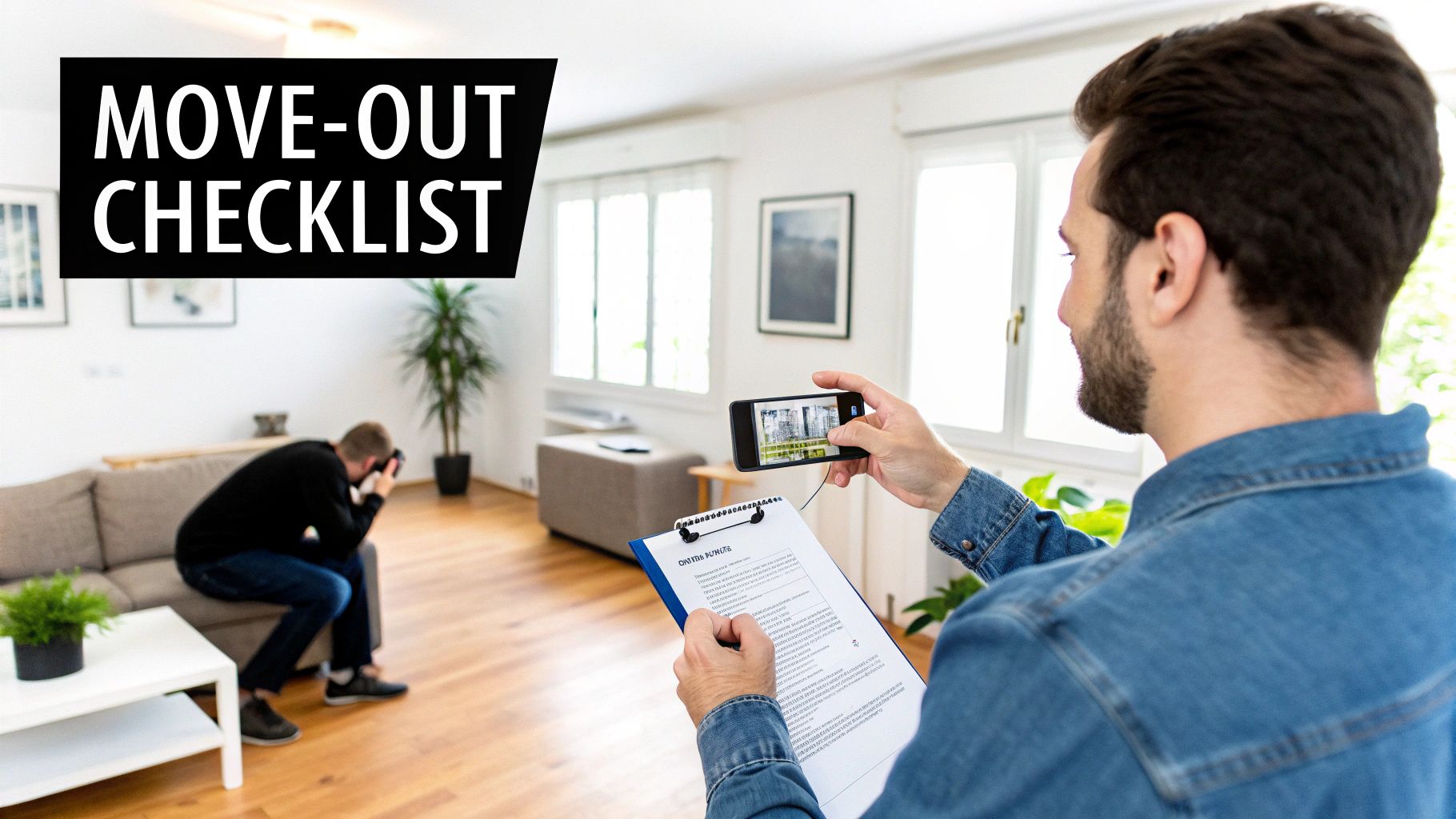 Man holding smartphone and move-out checklist clipboard documenting rental property condition before vacating apartment