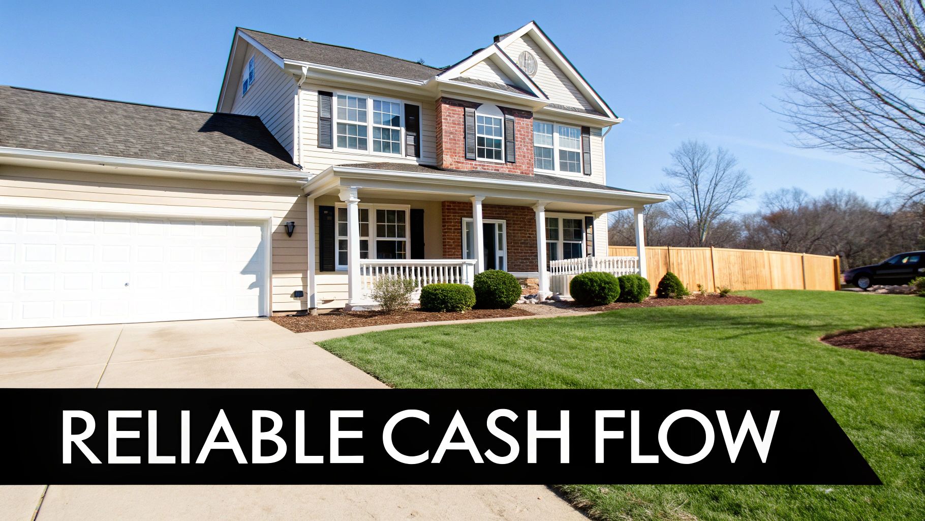 A bright two-story suburban house with a garage, green lawn, and 'RELIABLE CASH FLOW' text overlay.