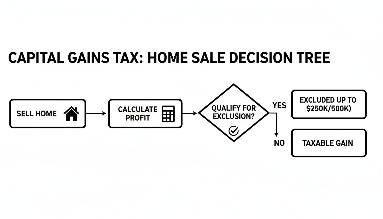 Flowchart illustrating capital gains tax on home sales, from selling to profit calculation and tax exclusion.