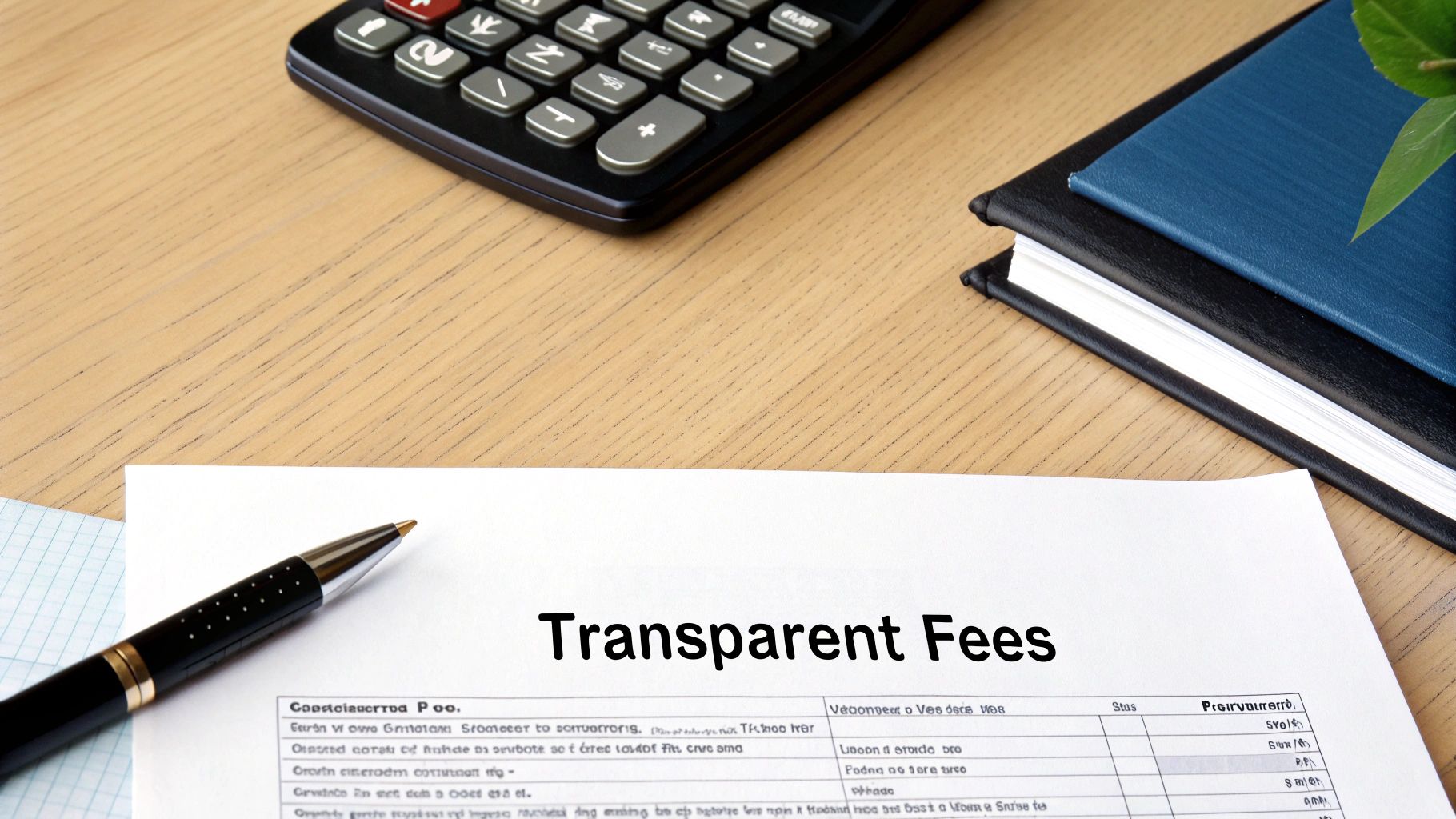 A person using a calculator to review financial documents, representing property management fees.