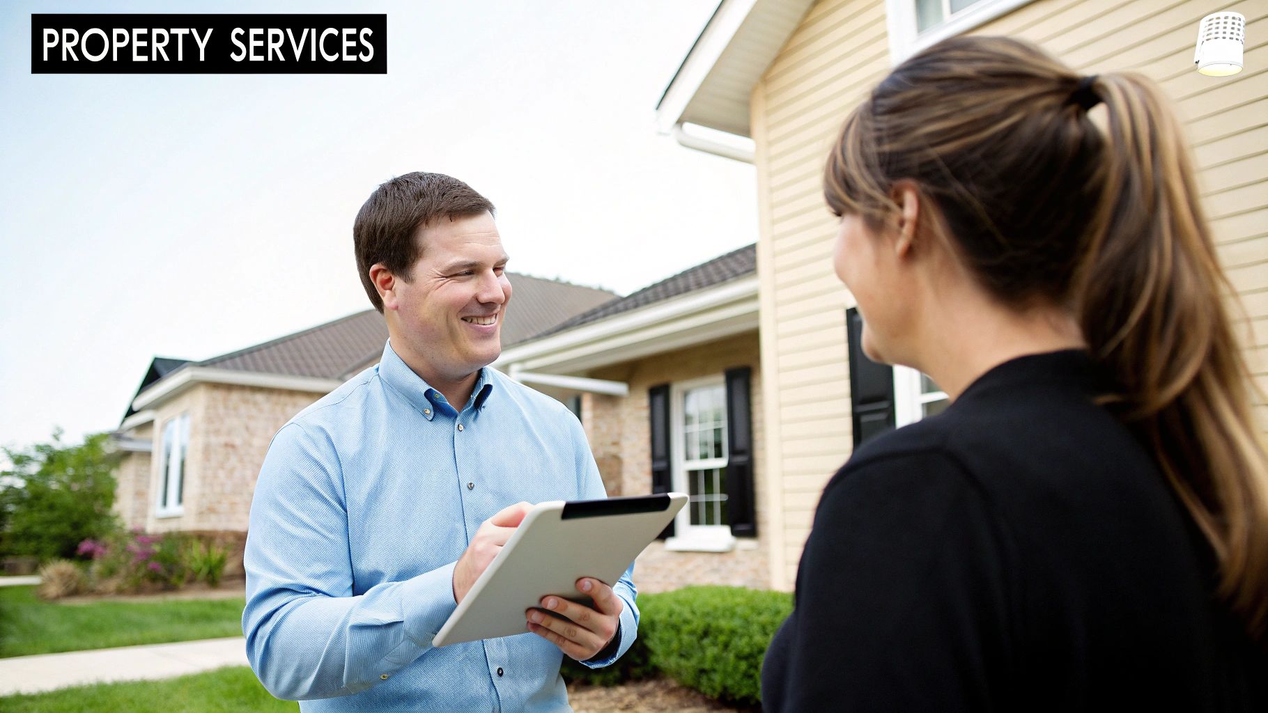 A smiling man holding a tablet discusses property services with a woman outside a home.