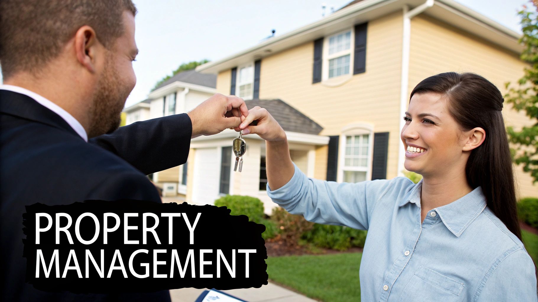 A man in a suit hands house keys to a smiling woman in front of a residential house.