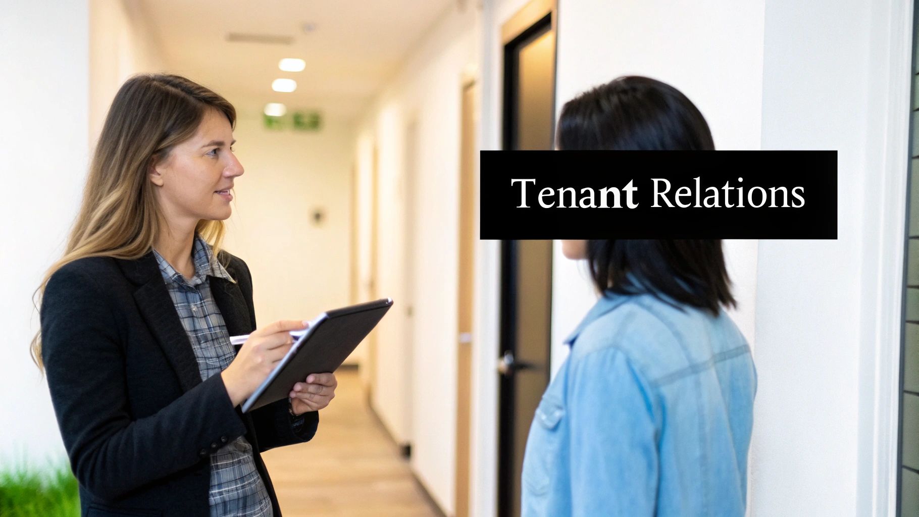 A property manager holding a clipboard and pen, talking with a tenant in a building hallway.