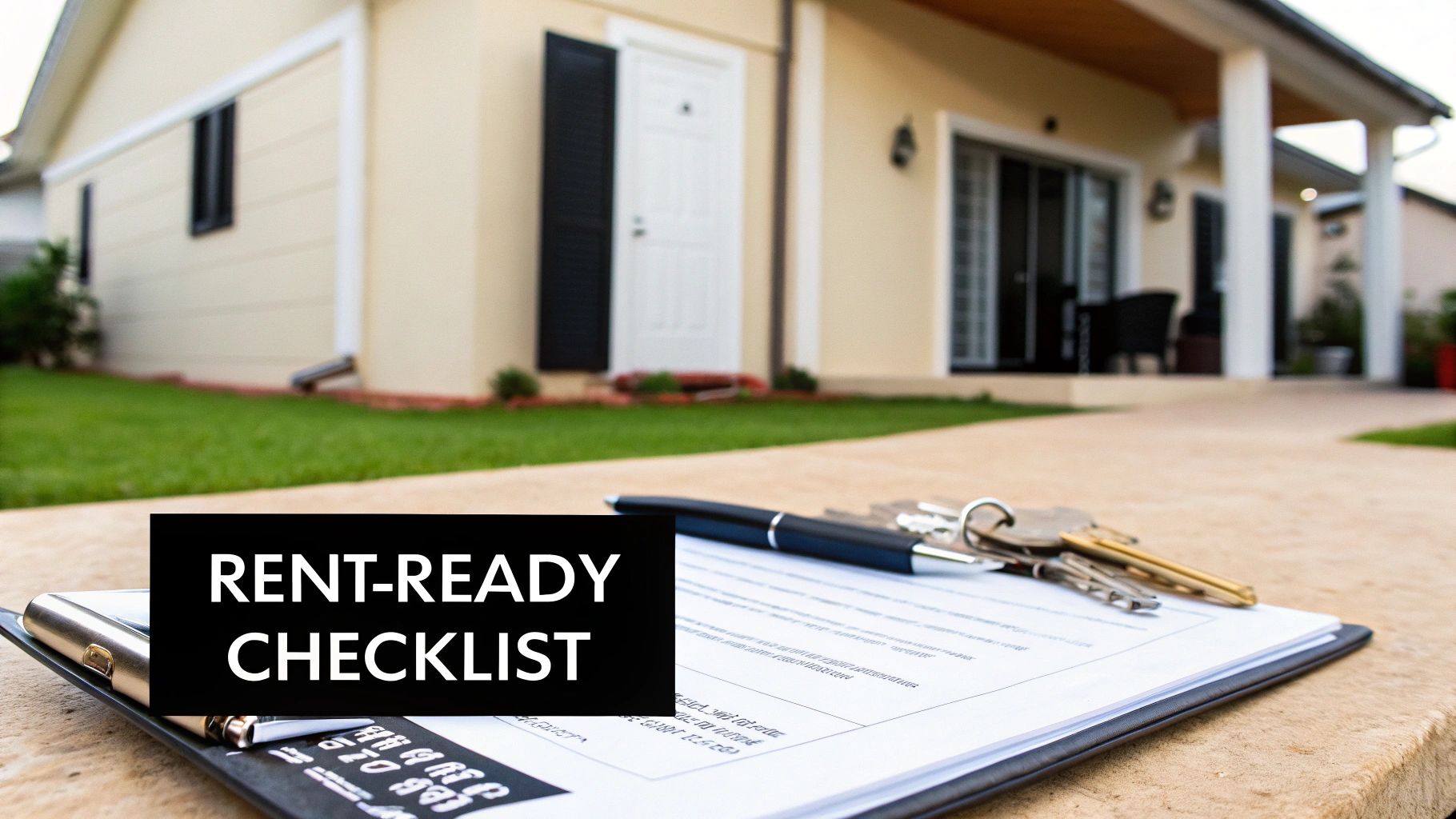 A house in the background with a document, pen, and keys on a table, featuring a 'Rent-Ready Checklist' overlay.