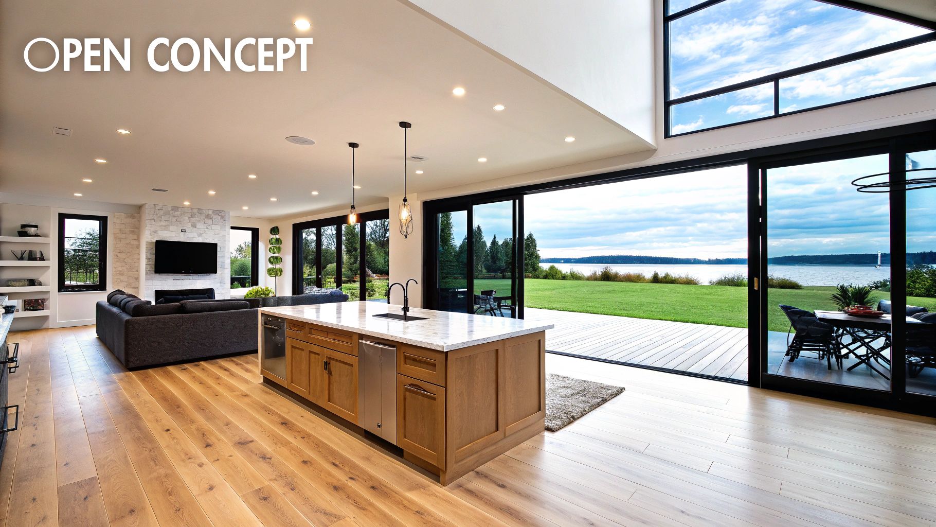 A bright and airy open-concept living area connecting a modern kitchen, dining space, and family room.
