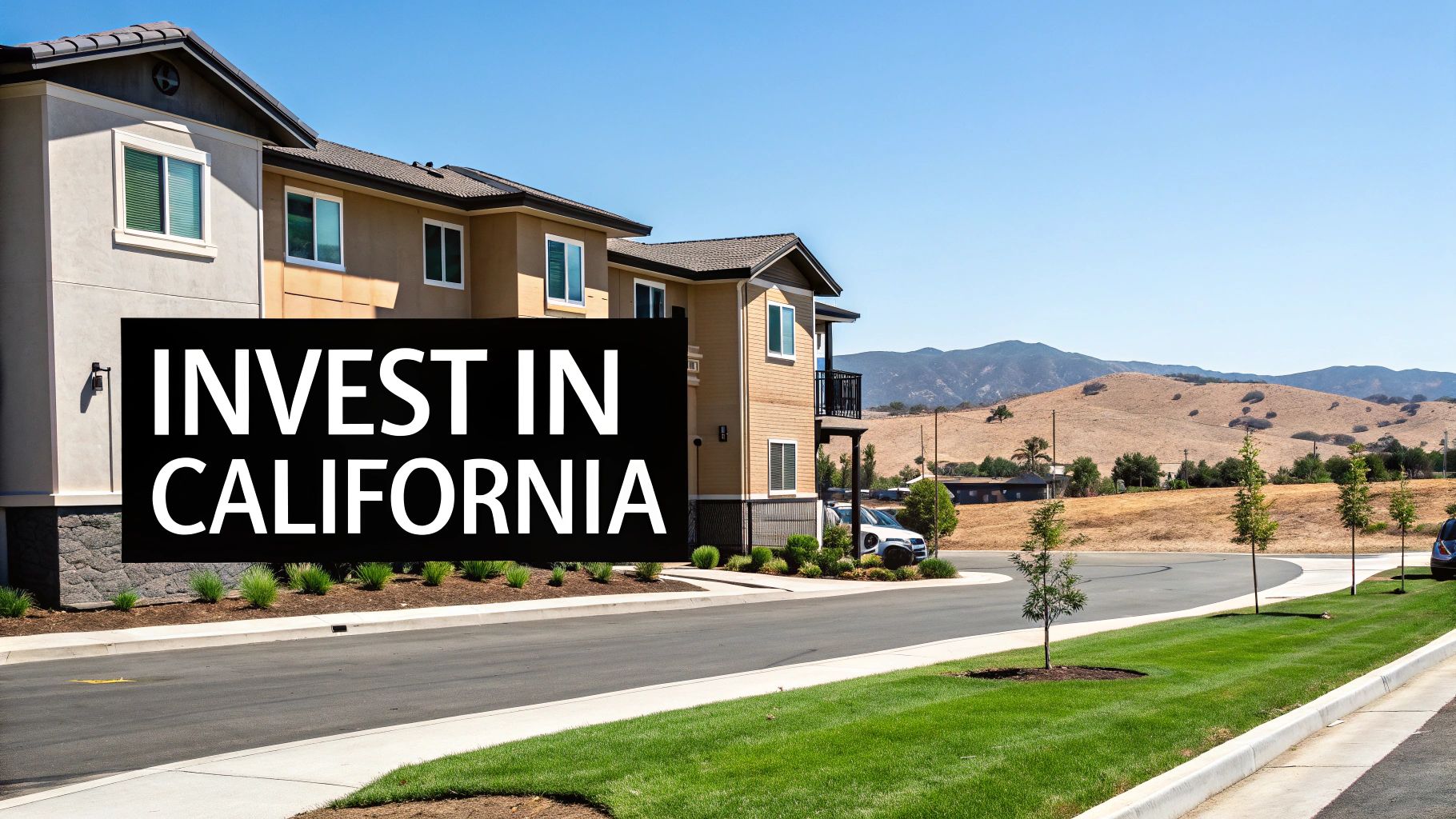 A black sign reading 'INVEST IN CALIFORNIA' in front of modern residential buildings with dry hills.