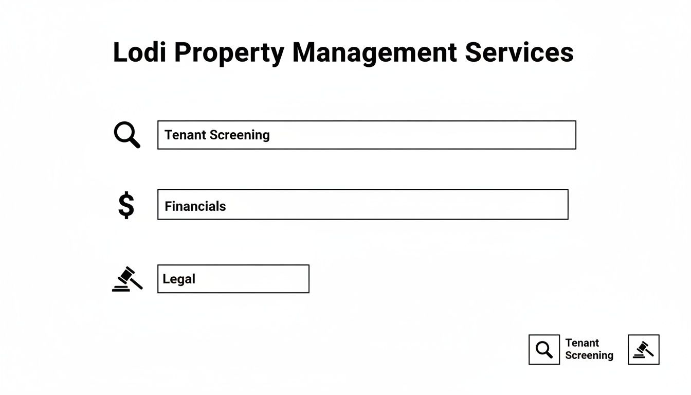 Lodi Property Management Services outlining tenant screening, financials, and legal support with relevant icons.
