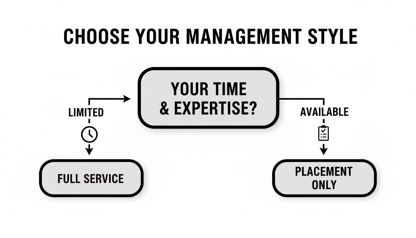 Flowchart guiding selection of management style: Full Service if time is limited, Placement Only if time and expertise are available.