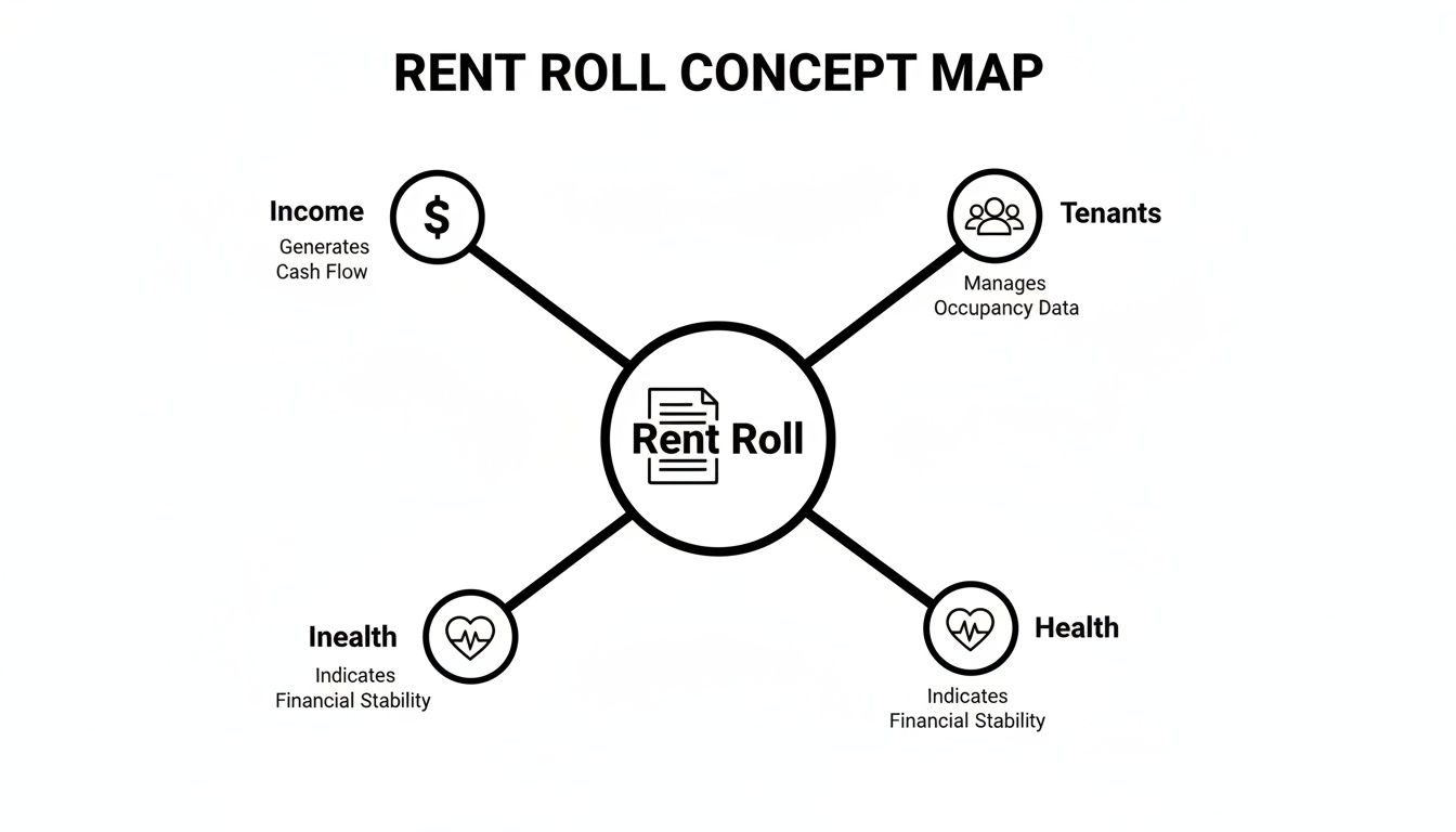 A concept map illustrating the key components and benefits of a rent roll, including income, tenants, and financial health.