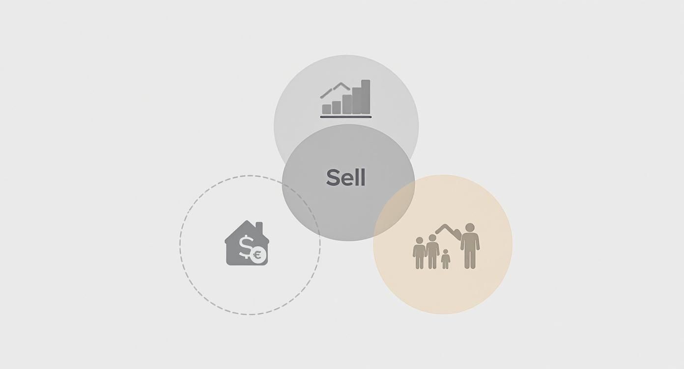 Venn diagram showing sell decision factors with analytics chart, property value, and family icons