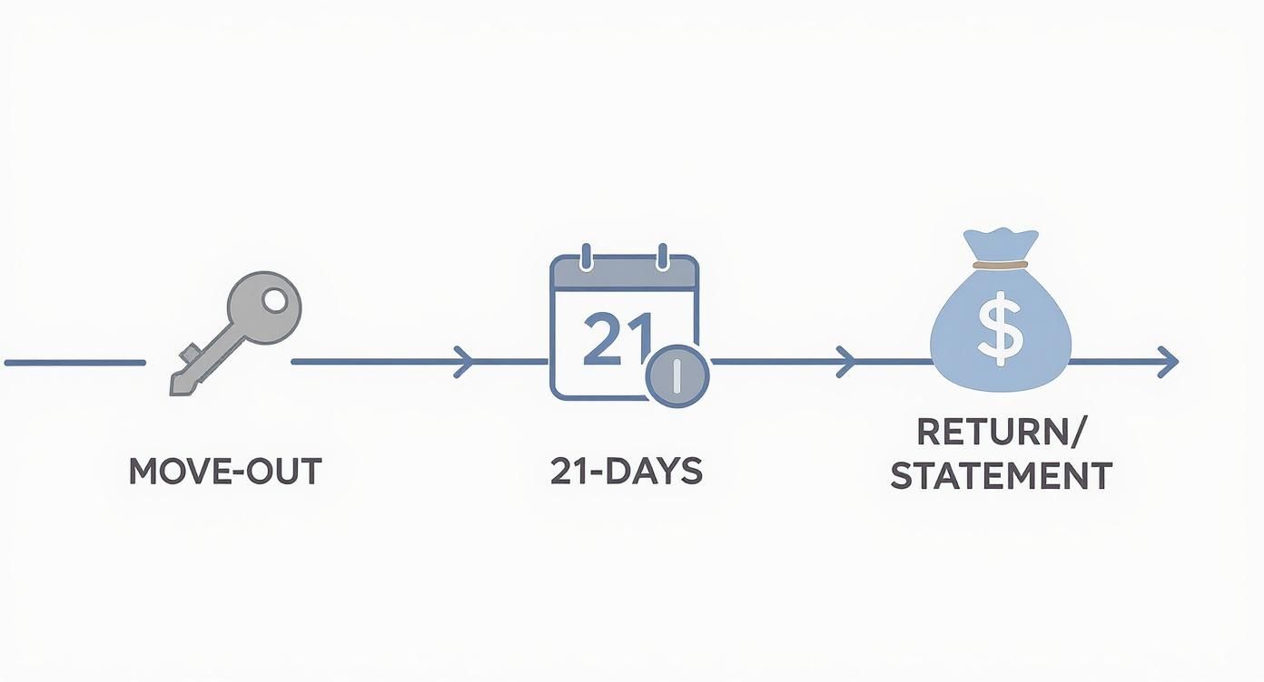 Timeline showing move-out process, 21-day waiting period, and security deposit return statement in California