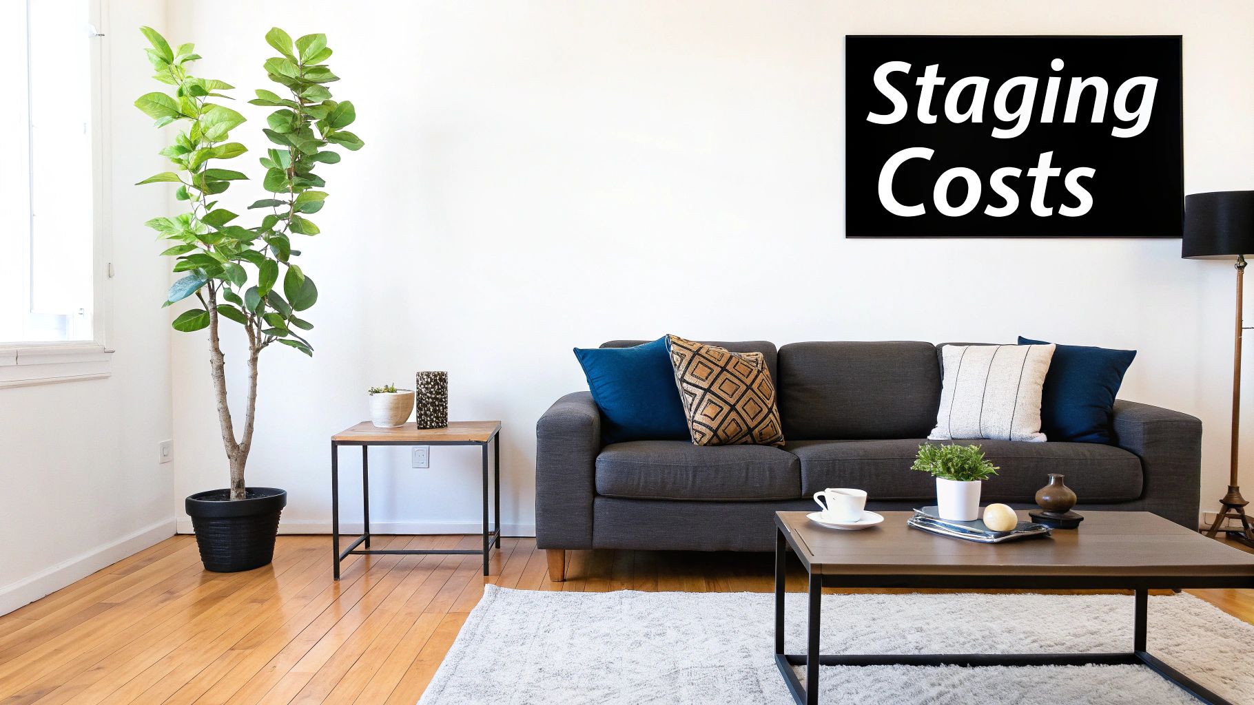 A bright living room with a grey sofa, coffee table, plant, and 'Staging Costs' sign on the wall.