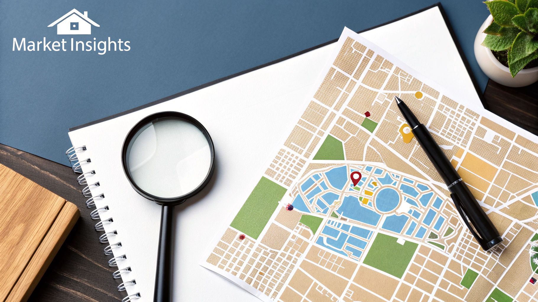 Overhead shot of a real estate map, magnifying glass, and pen on a notebook, symbolizing property search and market insights.