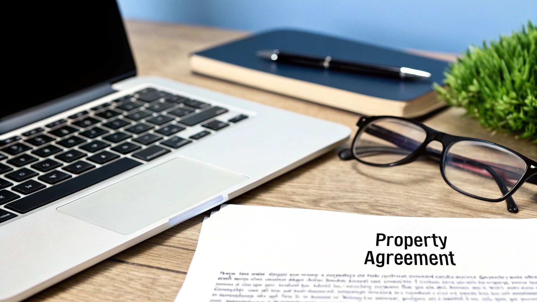 A property agreement document on a wooden desk with a laptop, eyeglasses, notebook, and pen.
