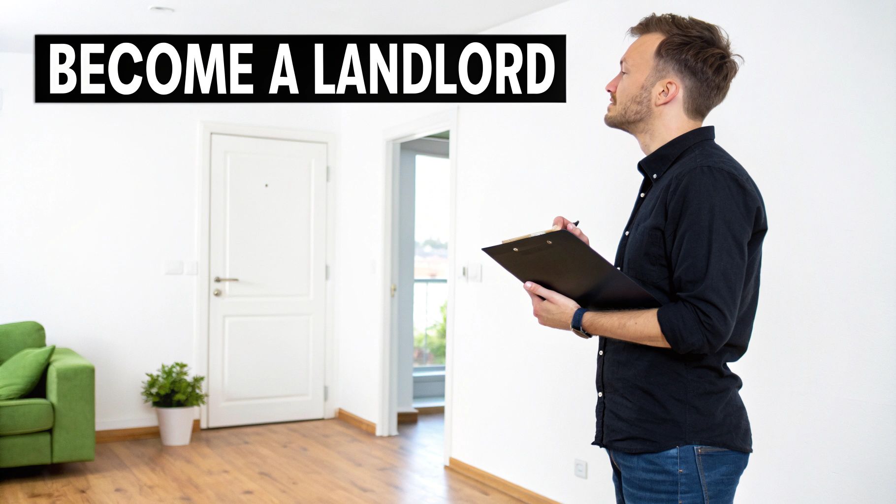 A man holding a clipboard inspects a bright, empty room, with a "BECOME A LANDLORD" sign.