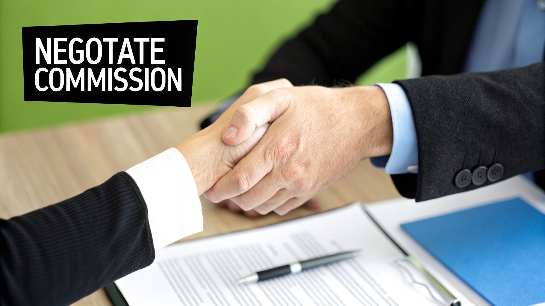 Two people shaking hands across a desk, finalizing an agreement with a realtor.