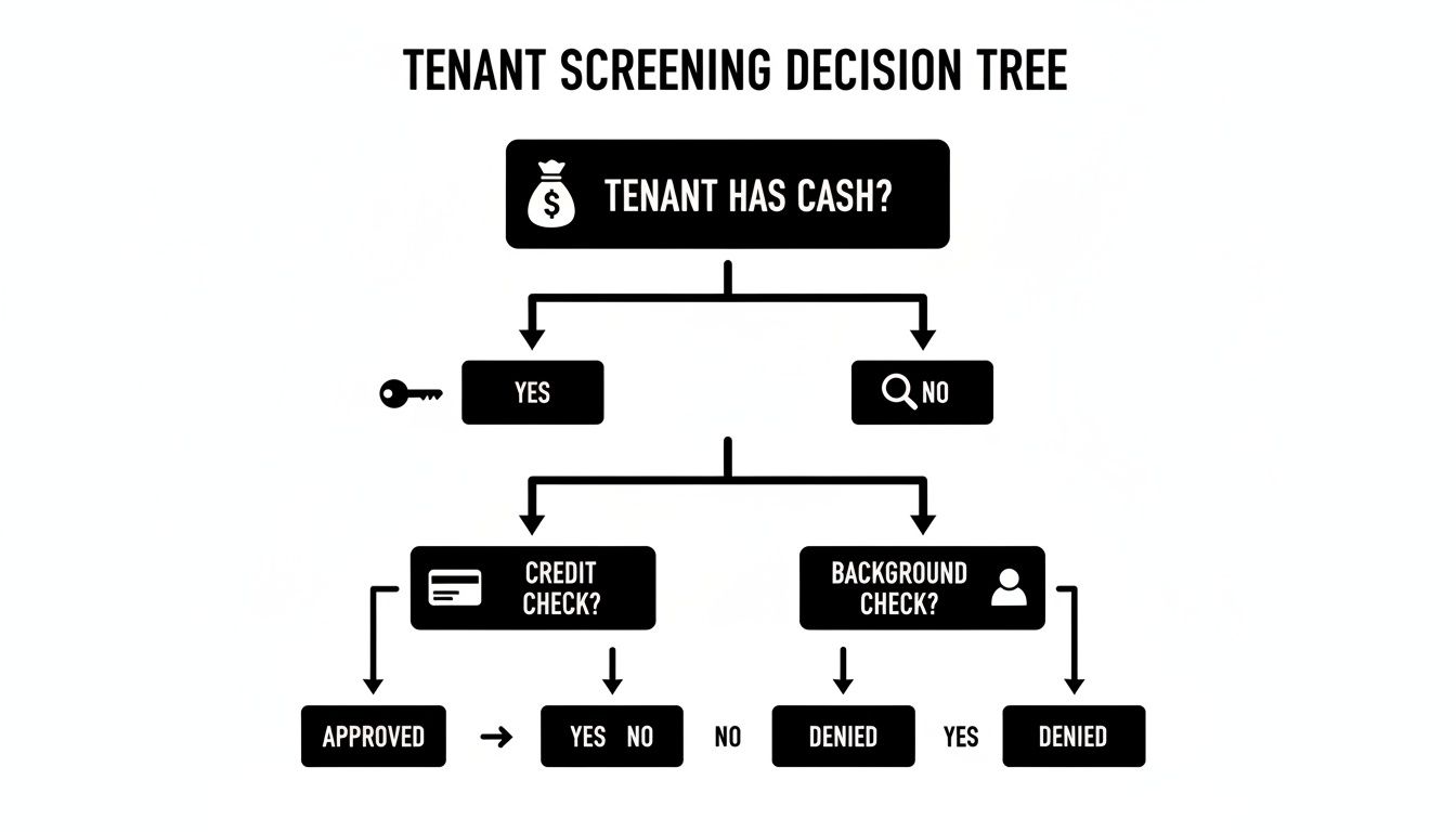 A black and white flowchart outlining a tenant screening decision tree process.