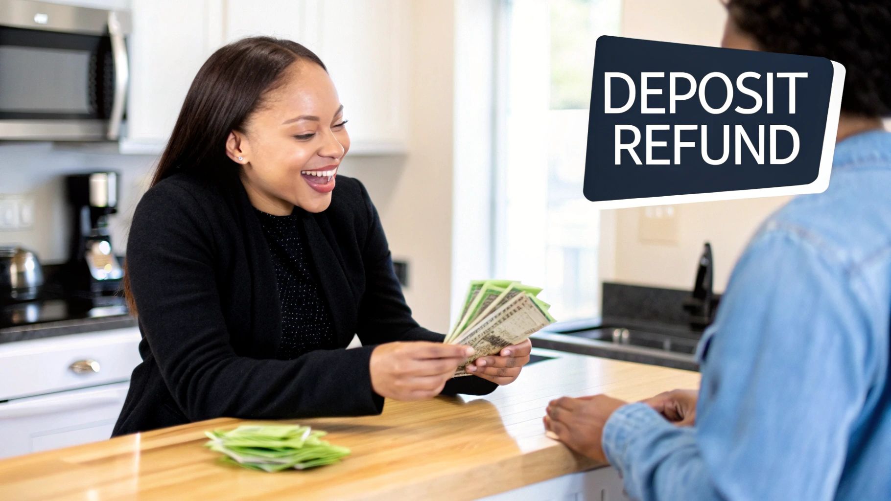 A hand returning a bundle of cash, symbolizing the refund of an earnest money deposit.