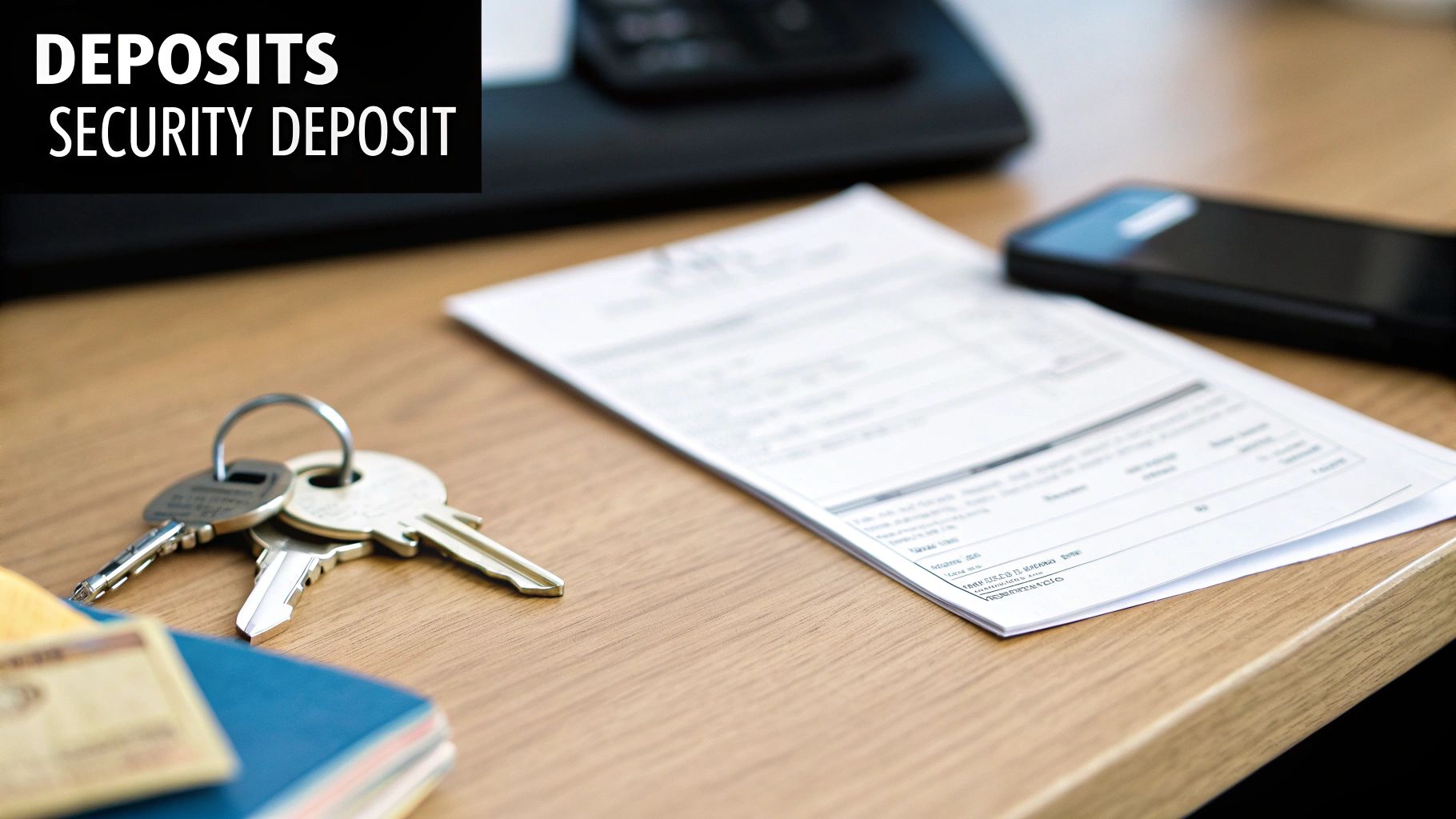 Keys, documents, and a smartphone on a wooden desk, with a 'SECURITY DEPOSIT' title.