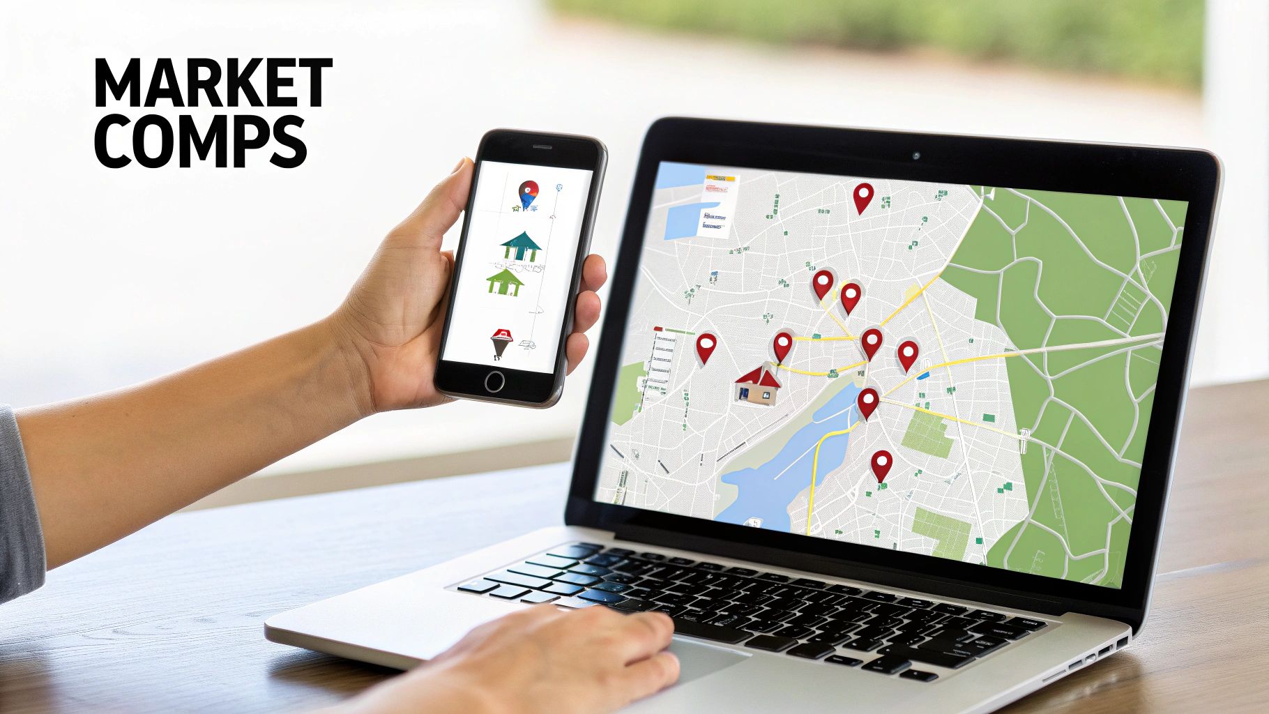 Magnifying glass over a map of a neighborhood, indicating local rental research.