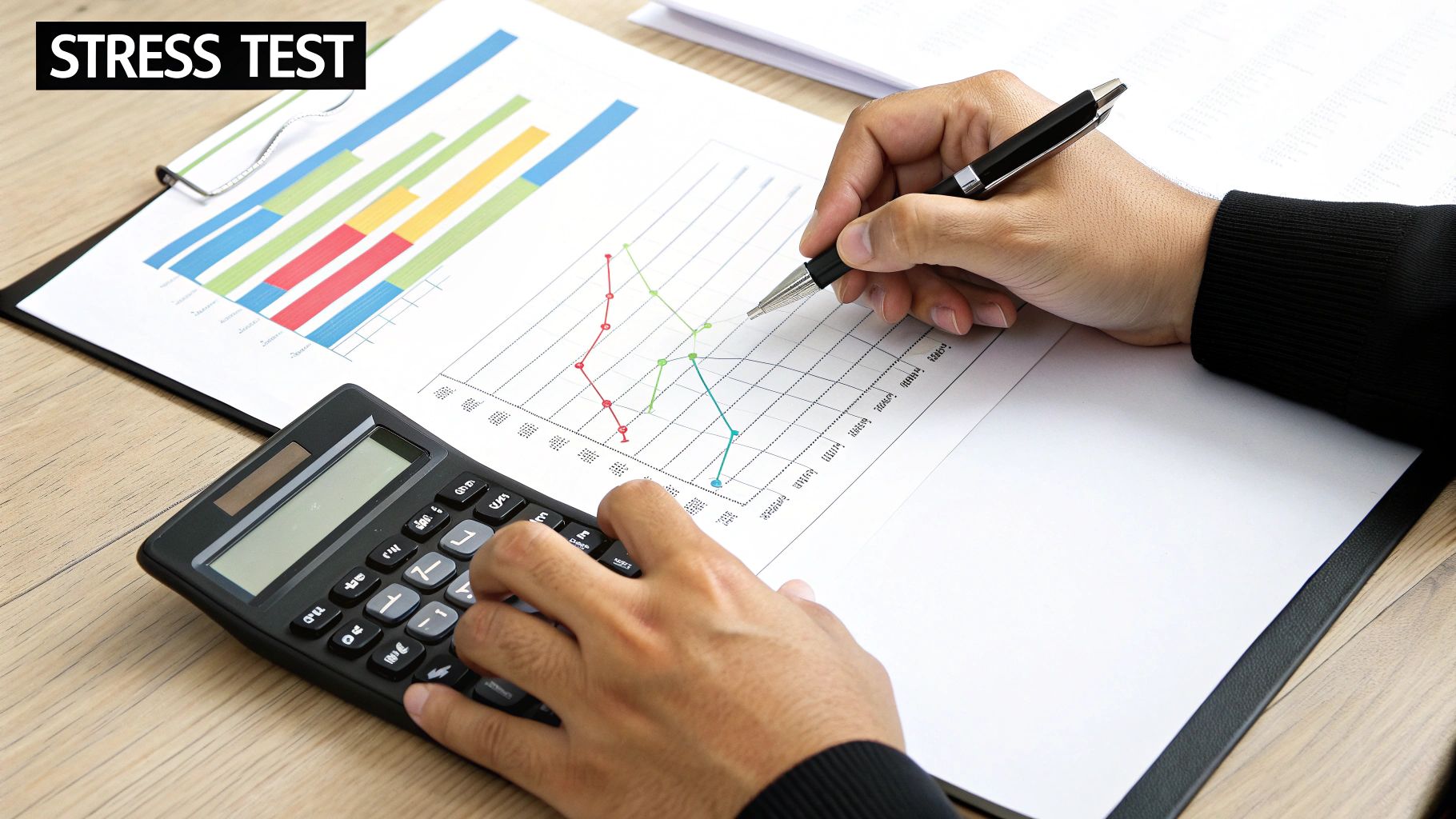 A person performs a stress test, analyzing financial data with a calculator and charts.