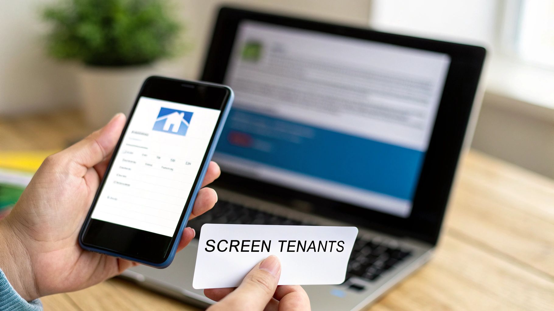 Hands holding a smartphone with a house app and a 'SCREEN TENANTS' card near a laptop.