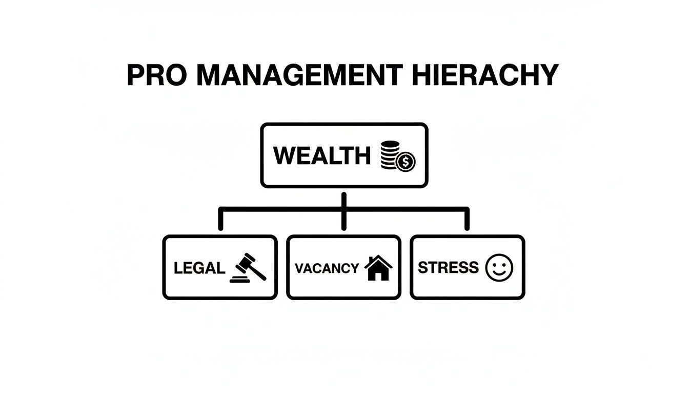 A 'PRO MANAGEMENT HIERARCHY' diagram with 'WEALTH' at the top, leading to 'LEGAL,' 'VACANCY,' and 'STRESS'.