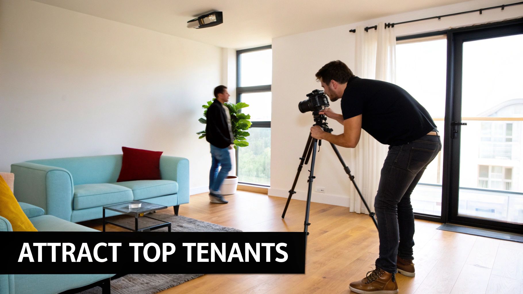 Professional photographer capturing images of a stylish living room with a blue sofa and plant.
