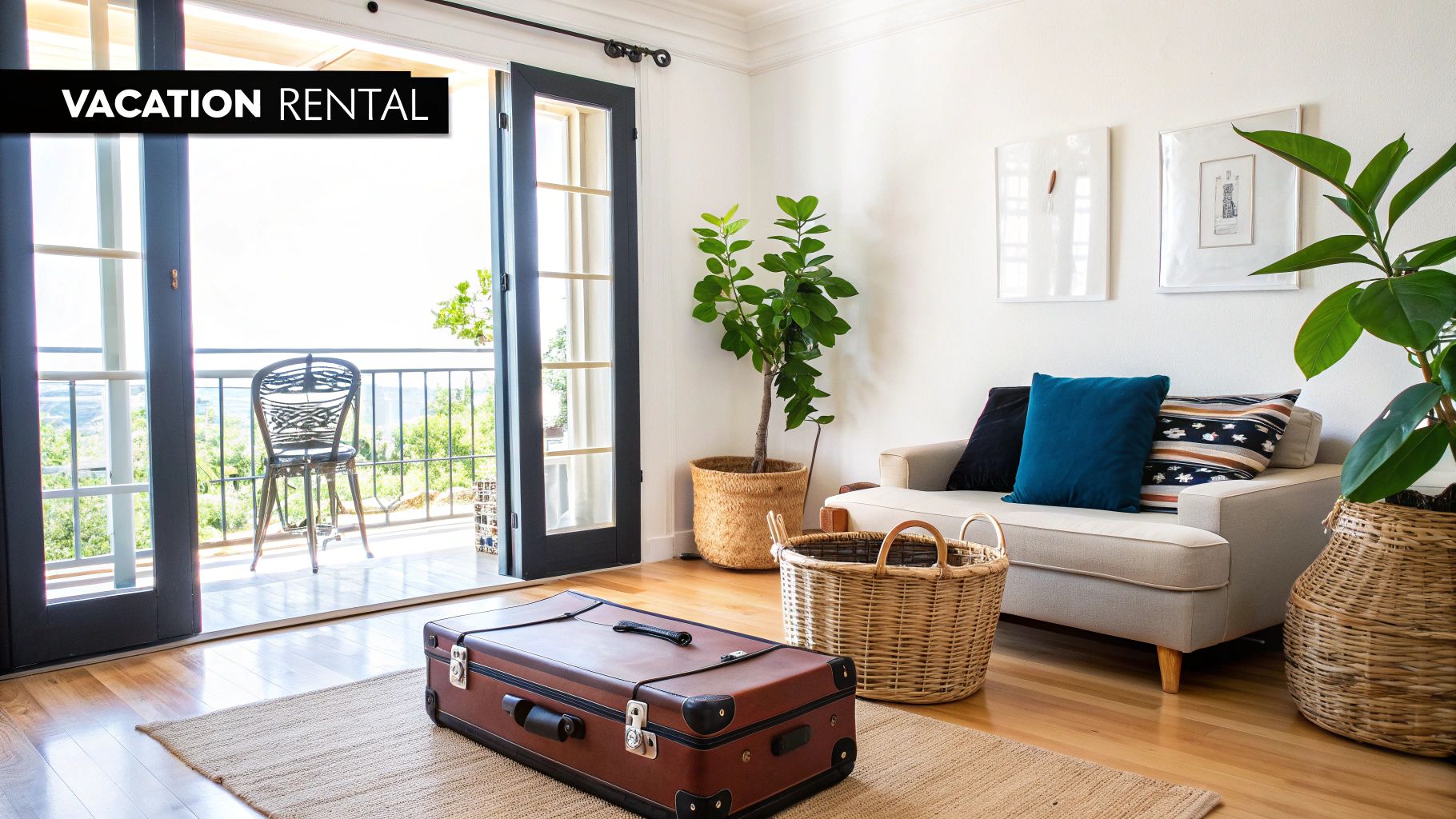 A bright, airy vacation rental living room with a couch, plants, a suitcase, and an open balcony.