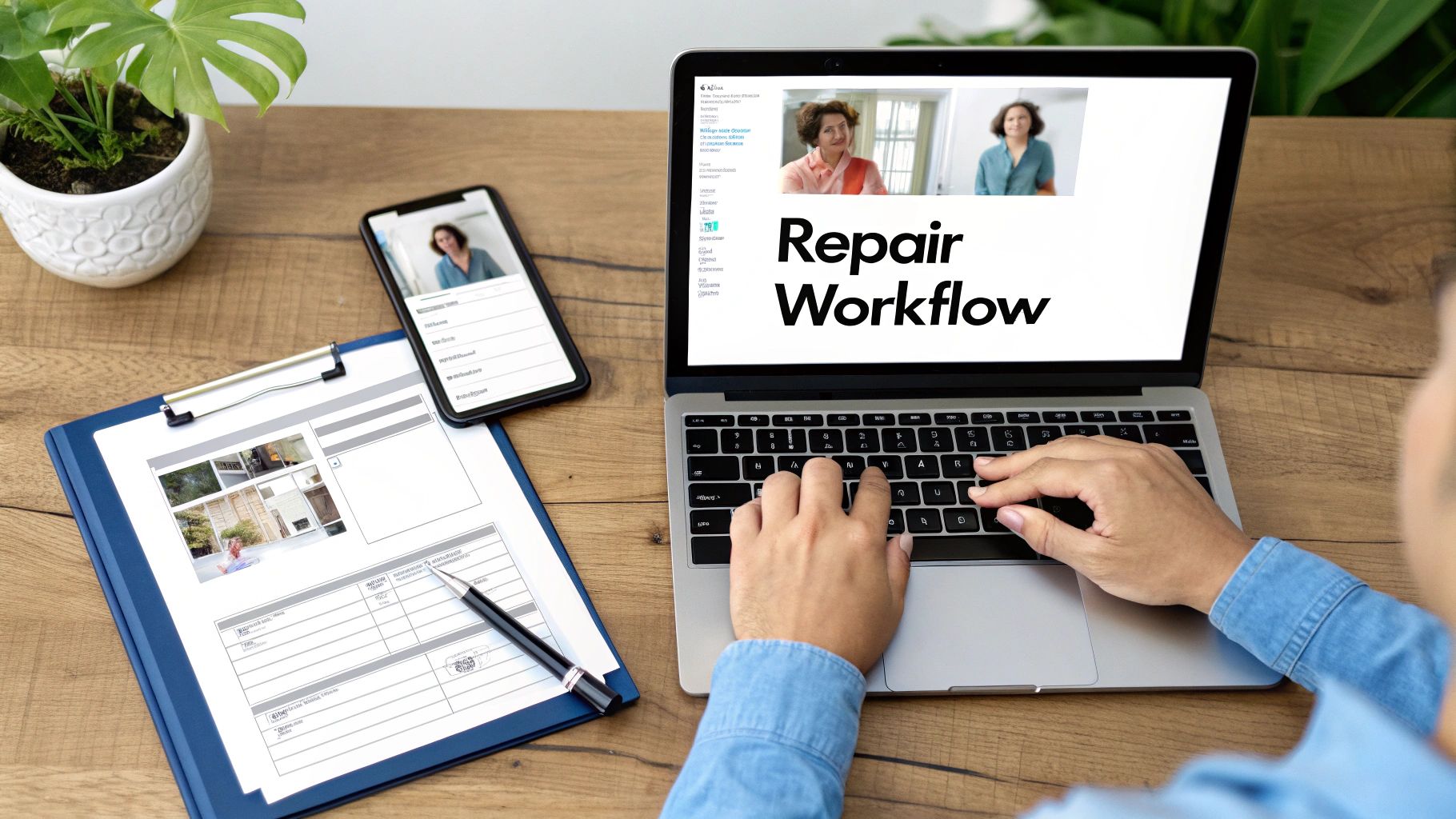 Person using laptop displaying repair workflow software with clipboard and phone on wooden desk