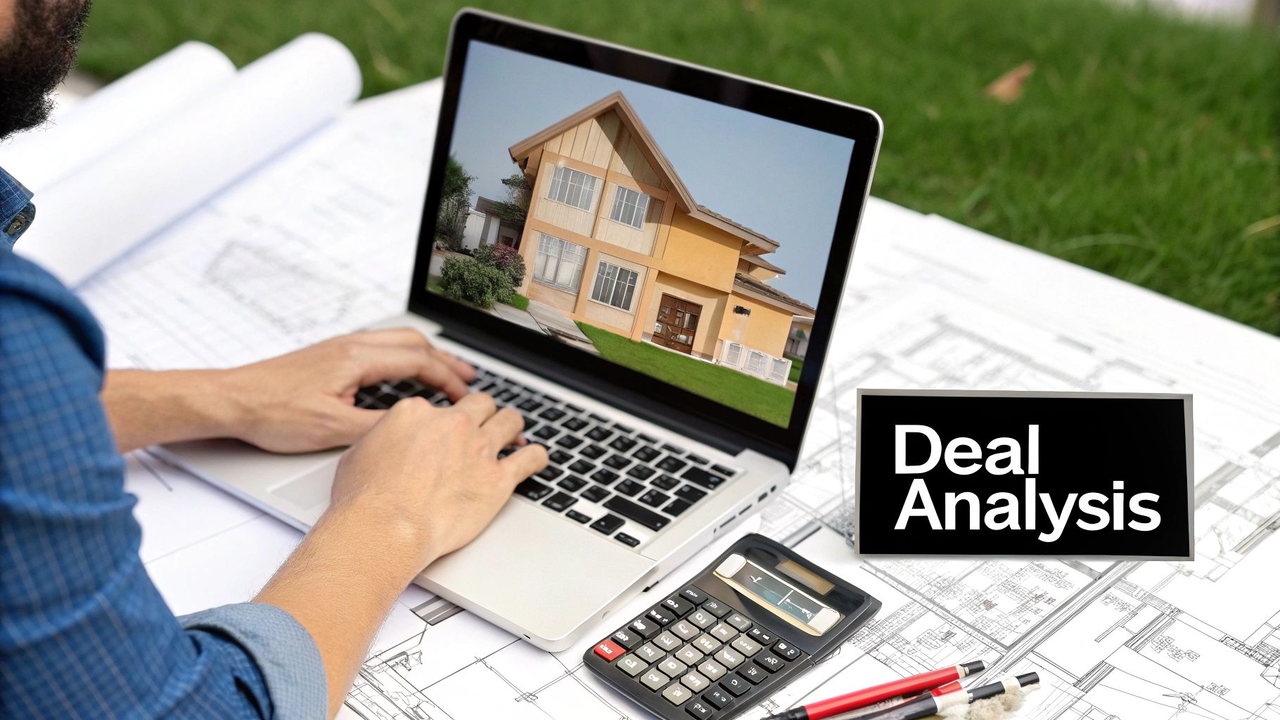 A person at a desk analyzing charts and graphs on multiple screens, representing real estate deal analysis.